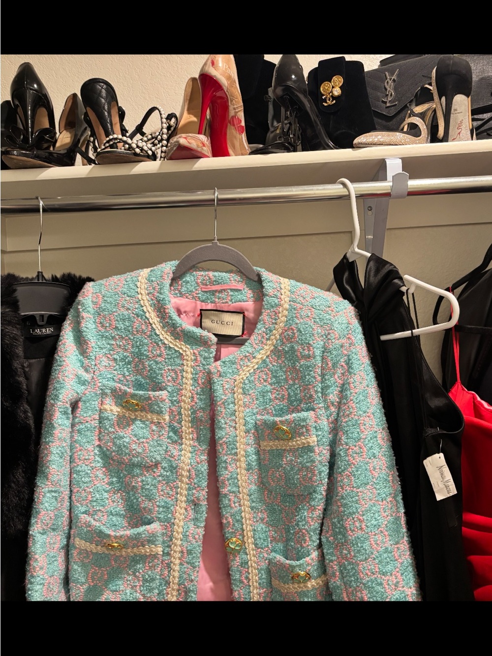 Gucci Pastel Aqua and Pink Tweed Jacket with Cream Trim